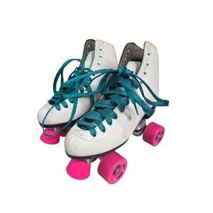 Roller Derby Wave White Roller‎ Skates Size 6 Pink Wheels Teal Quad Skates S4